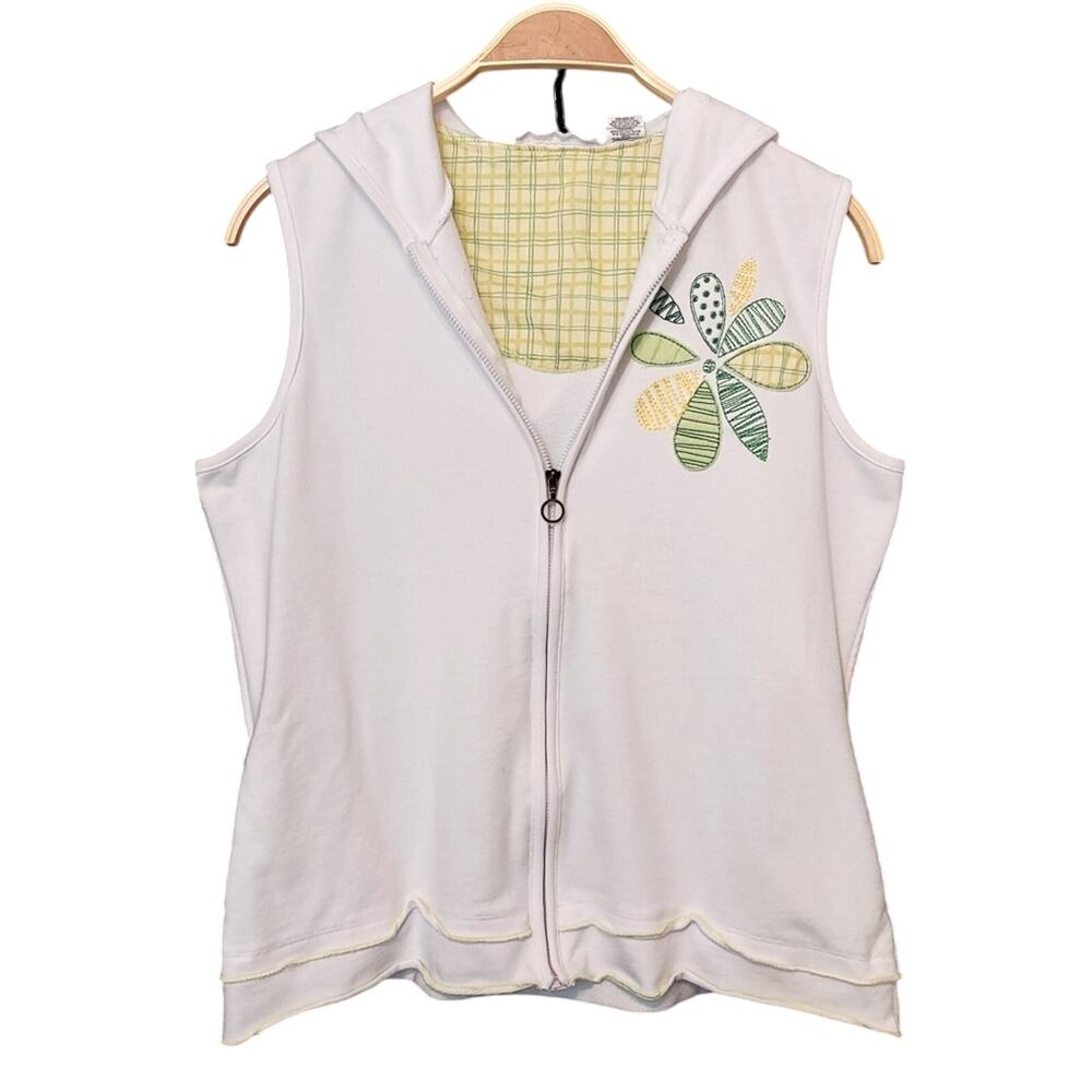 Weekend Clothesline White Hooded Sleeveless Floral Flower Patch Vest Sweater